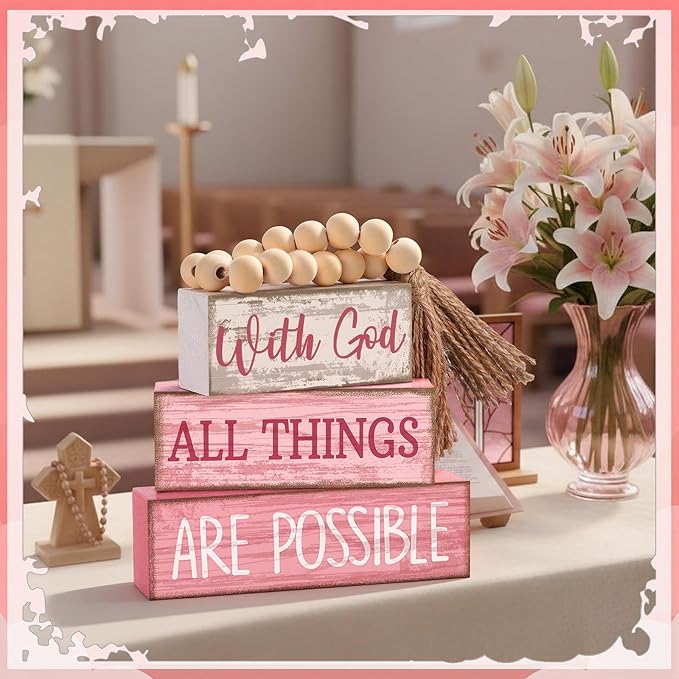 Lineshading 4 Pcs Wooden Farmhouse Tabletop Decor Rustic Home Tiered Tray Decor Decorative Farmhouse Table Decoration Highland Cow Home Eucalyptus Block Signs Gift(Beaded)