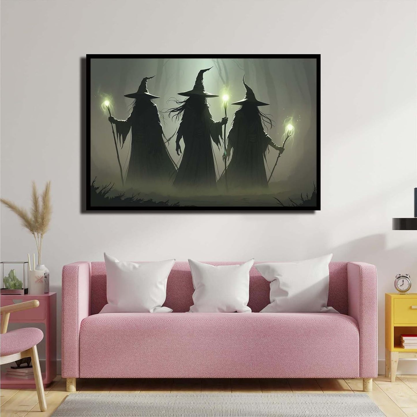 JFHCQJPK Vintage 3 witches canvas wall decor melancholy dark Halloween poster wall decor holding a staff print Gothic horror Halloween painting print for living room bedroom24x36in Metal blackFramed