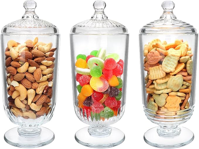 24fl oz Glass Candy Jars with Lids,3 Pack Apothecary Jars,Storage Jar for Candy, Cookies, Snacks, Kitchen Pantry, Clear Glass Jar for Countertop Display & Party Favors，700ml