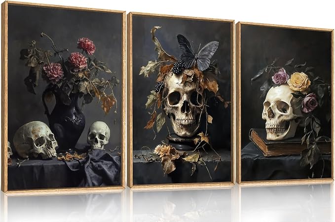 Large Vintage Skull Halloween Floral Framed Canvas Wall Art Set, Abstract Skeleton Butterfly Wall Decor,Moody Dark Rose Artwork for Living Room,Bedroom,Dining Room,Office -24"x36"x3