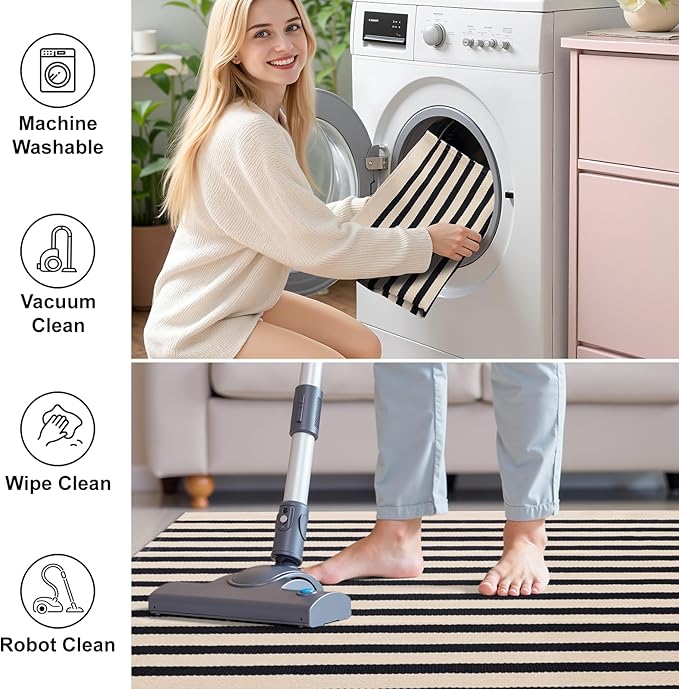 OLANLY Beige and Black Striped Rug 4' x 6' – Washable Cotton Doormat for Indoor Outdoor Use, Layered Front Porch Rug for Entryway, Kitchen, Patio