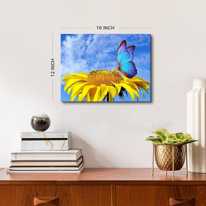 Sunflower Wall Art Bathroom Decor Butterfly Pictures Blue Sky Nature Landscape Canvas Prints Kitchen Sunflower Painting for Living Room Artwork Yellow Floral Posters Bedroom Home Decorations 12x16"