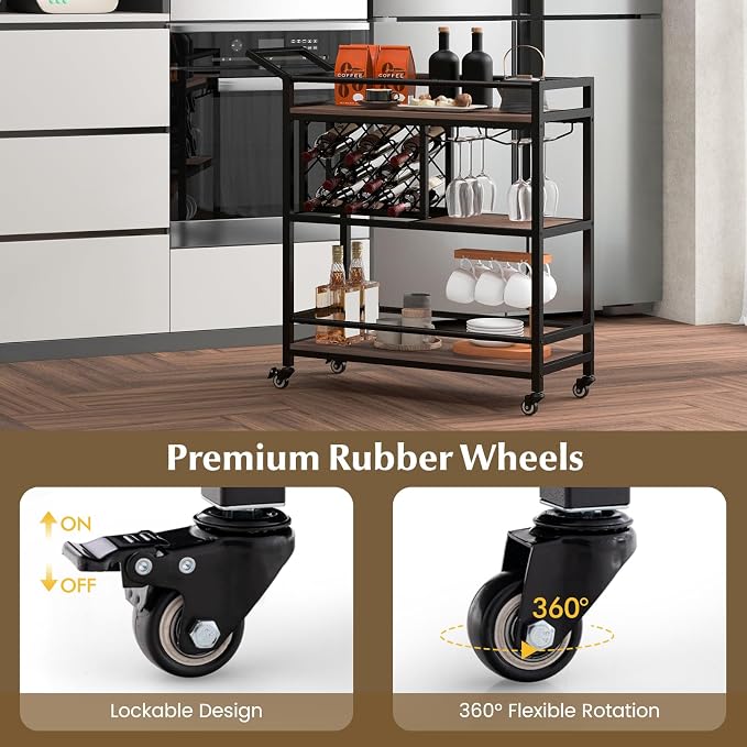 GOFLAME 3-Tier Bar Cart, Industrial Serving Cart with Wine Racks & Glass Holders, Convenient Handle, Rolling Beverage Cart with Metal Frame for Kitchen, Dining Room, Living Room, Brown