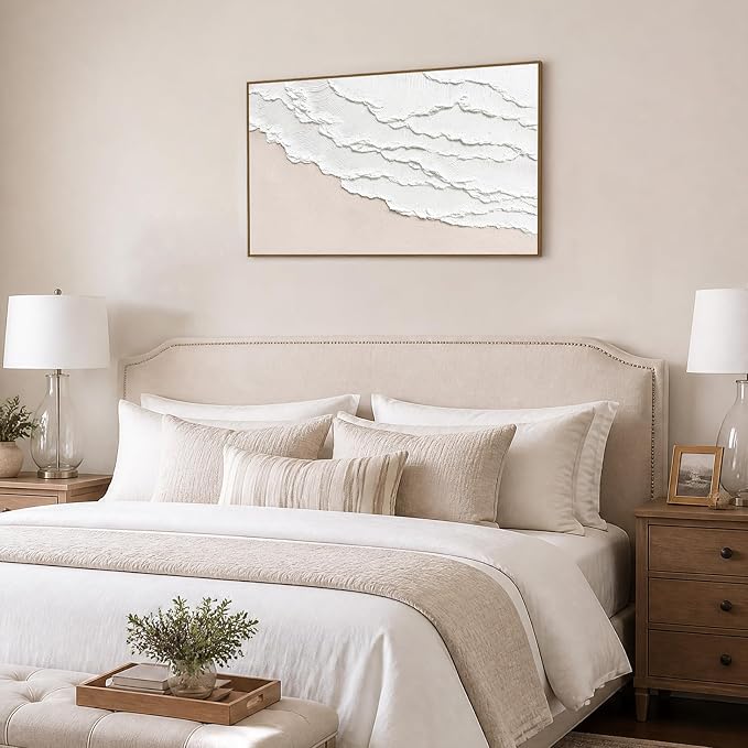 SAFERRYHOME Abstract Wave Textured Hand Painted Wall Art, 36"x24" Framed | Large Beach Texture Framed Canvas Wall Decor, Modern Sea Painting Neutral Landscape Artwork for Home Office Living Room