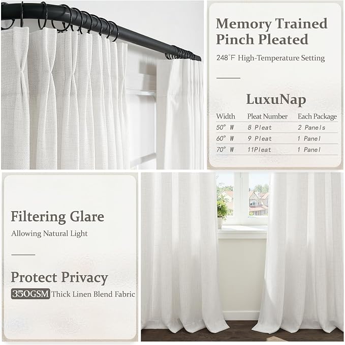 Off White 70 Inch Extra Wide Semi Sheer Curtains 108 Inches Long for Living Room, Memory Trained Pinch Pleated Natural Linen High Ceiling Window Curtain Light Filtering Aesthetic Drapes 1 Panel 70x108