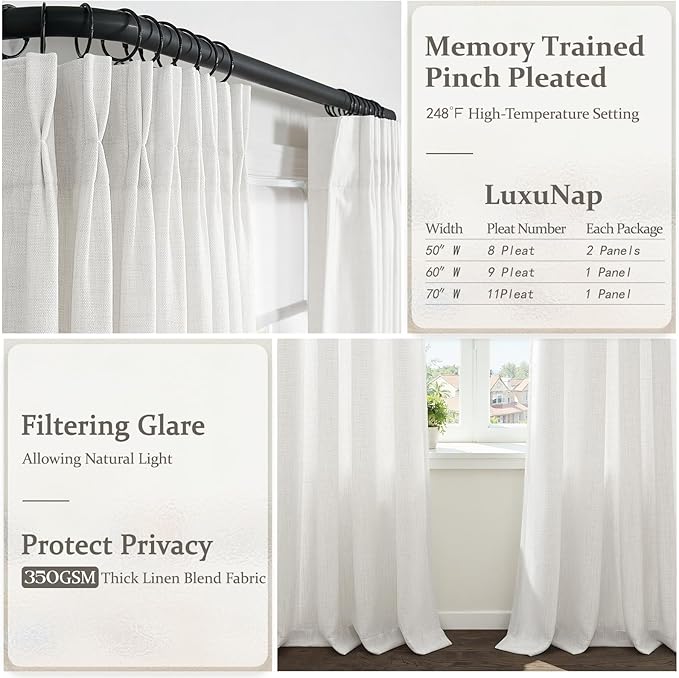 Pinch Pleated Linen Sheer Curtains 96 Inches Long for Living Room 2 Panels Set, Off Beige White Memory Shape Pleat Farmhouse Bedroom Window Drapes Light Filtering Privacy with Hooks & Rings 8FT Length