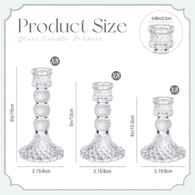 Mumufy 24 Pack Glass Taper Candle Holders Clear Candlestick Holder Fit 0.8 Inch Candles 4'' 6'' 8'' Tall Crystal Decorative Candlestick Stand Centerpiece for Table Wedding Dining Party (Vintage)