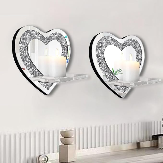 ZOLAPI Set of 2 Crystal Crush Diamond Candle Sconces, Gorgeous Silver Mirrored Wall Sconce, Candle Holder Glass Wall Decorations for Home Décor, Living Room, Dining Room.Heart Shaped