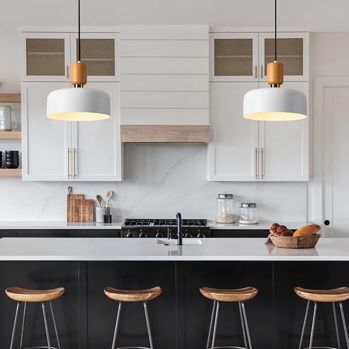 TeHenoo Modern Pendant Light, 12 inch, Matte White | Natural Wood and Brass Accent, Adjustable, For Kitchen Island, For Dining Room