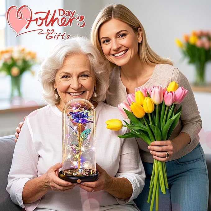 Mothers Day Flowers Gifts for Mom Birthday Gift Rechargeable Galaxy Glass Rose in Glass Dome Forever Crystal Rose Flowers Anniversary Mother's Day Roses Gifts for Daughter Wife Women Grandma Purple