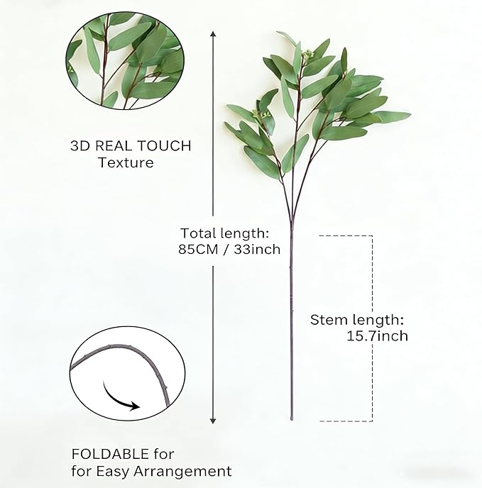 ANNIE&PANDA 3 Pack Faux Artificial Eucalyptus Stems with Faux Seeds 31'' Tall Fake Plants Leaves Olive Tree Branches Faux Greenery Stems for Bridal Wedding Bouquet Vase Table Centerpiece Decor