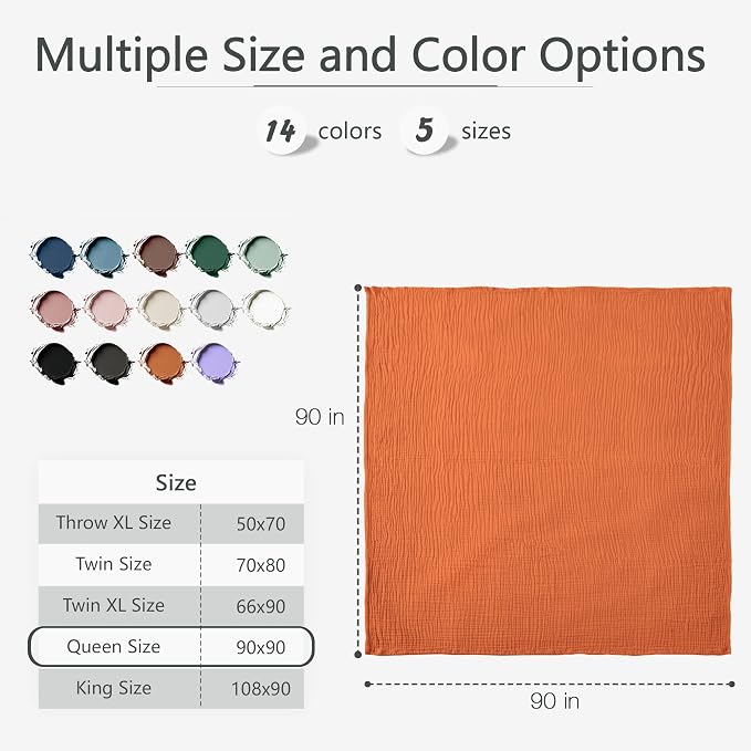 Carriediosa 100% Cotton Muslin Throw Blanket 90" X 90" Queen Size，4-Layers Summer Gauze Throws for Bed Couch，Soft Lightweight Breathable Linen Blankets Bedspread for Adults All Season，Orange