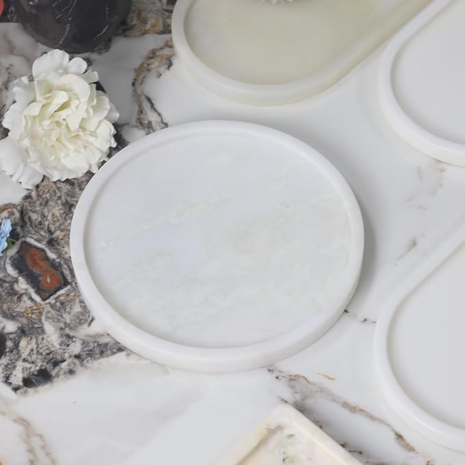 Natural Marble Tray | 8.3" Round Decorative Serving Tray for Bathroom Vanity, Jewelry & Perfume Display | Kitchen Counter & Coffee Table Decor-White Jade