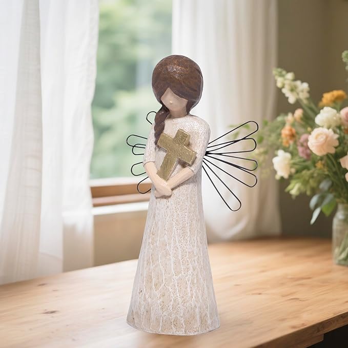 Hodao Angel Figurine with Cross, 5.1" Resin Guardian Angel Ornaments for Home Decorations, Sympathy & Memorial Decor, Indoor Tabletop Religious Figurines, Faith Gift for Women Mom Friends