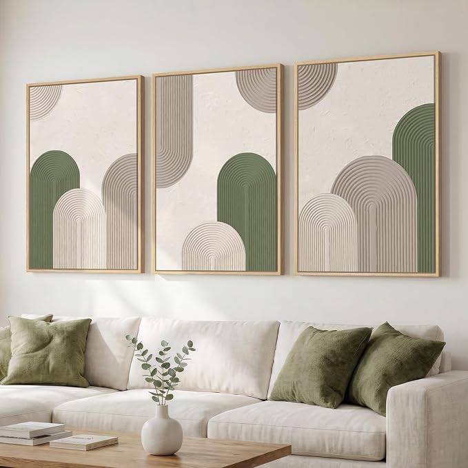 Framed Green Beige Abstract Wall Art for Living Room, 3 Piece Large Neutral Modern Minimalist Canvas Artwork for Walls, Boho Bauhaus Geometric Painting Prints for Hallway Office Wall Decor, 24x36 Inch