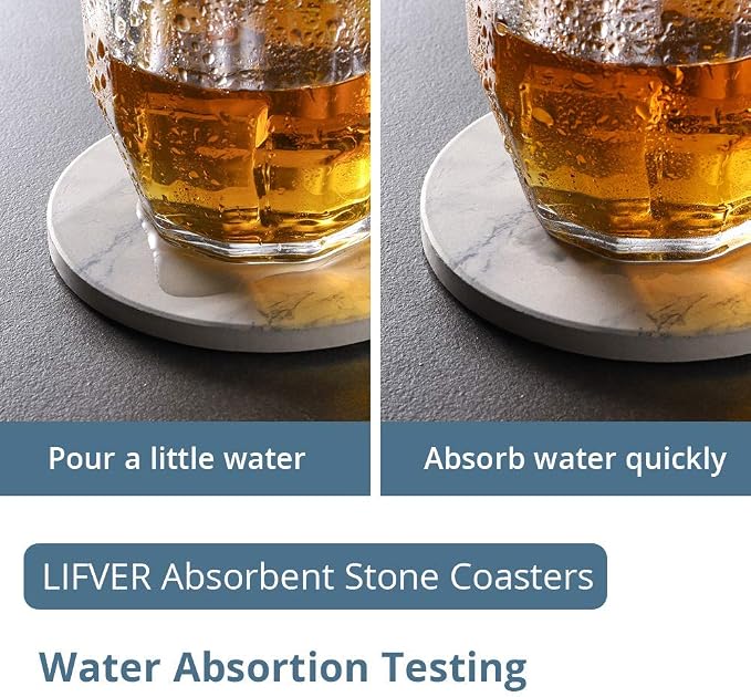 LIFVER 6 Piece Absorbent Coaster Set with Holder + LIFVER Coasters for Drinks, White Marble-Style Absorbent Coasters with Holder