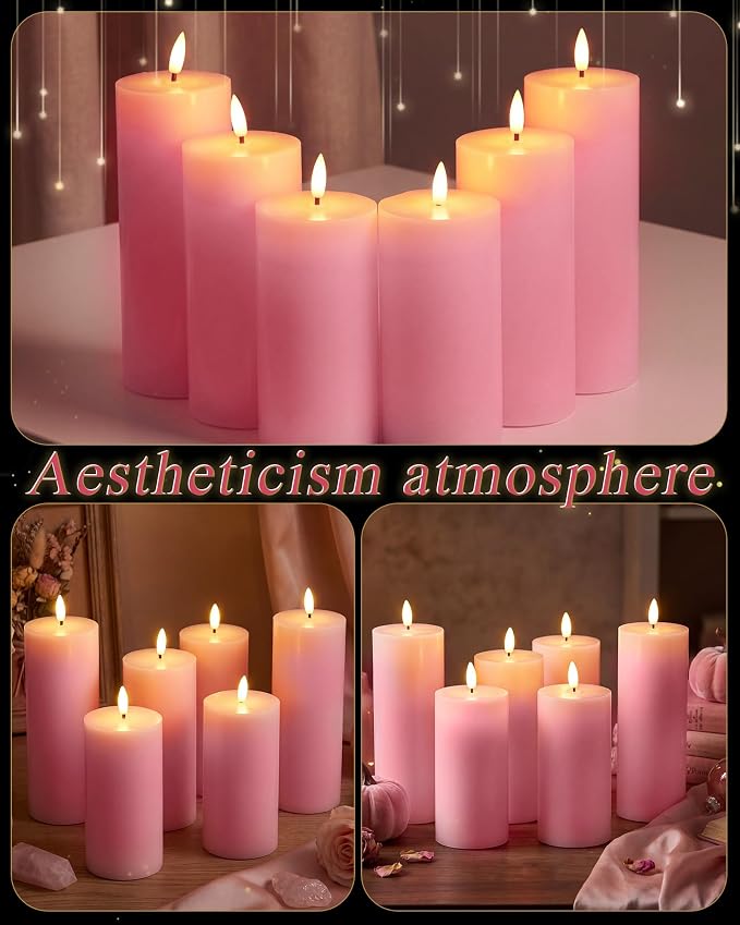VIHOSE 6 Pack Pink Flameless Candles Set with Remote and Timer Flickering Flameless Battery Candles Flat Top LED Pillar for Wedding Outdoor Home Festival Decoration(D 3" H 6" 7" 8")