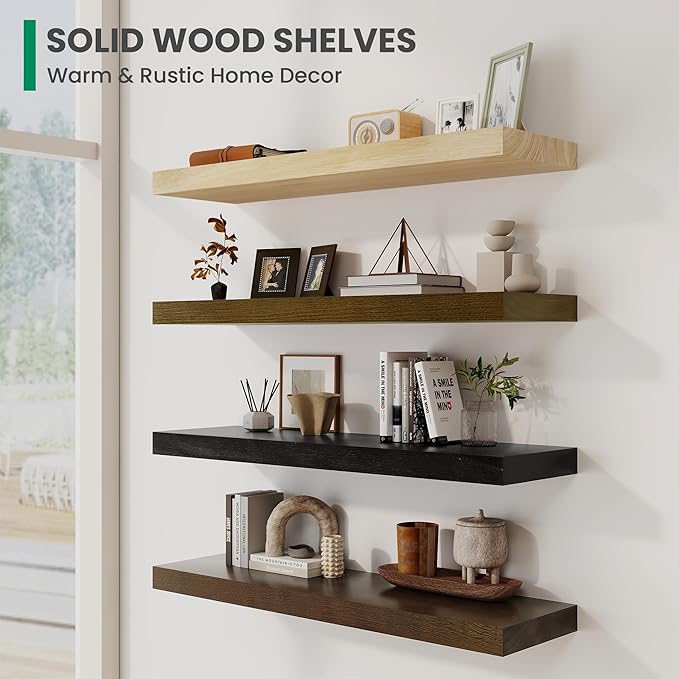 Solid Wood Floating Shelves For Wall, 48”W x 9”D x 1.56”H Large Wall Shelves for Living Room Bedroom Bathroom Kitchen Drcor Storage with Invisible Heavy-Duty Metal Bracket, Carbonized Oak, 2 Pack