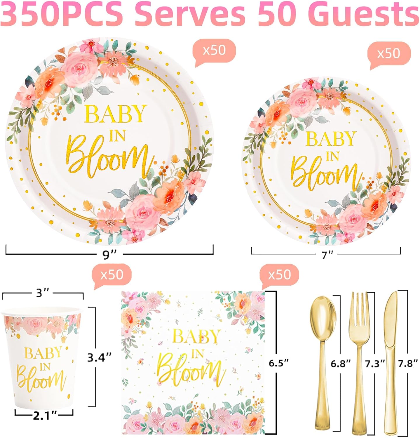 350 Pcs Baby in Bloom Baby Shower Decorations for Girl, Its a Girl Baby Shower Plates and Cups and Napkins Sets, Pink Floral Baby in Bloom Plates and Napkins Sets, Serves 50