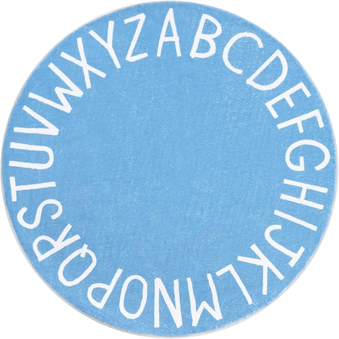 Topotdor Round Kids Play Rug Alphabet Nursery Area Rug Extra Large Soft Crawling Play Mat for Children Toddlers Bedroom (63 inch, Sky Blue)