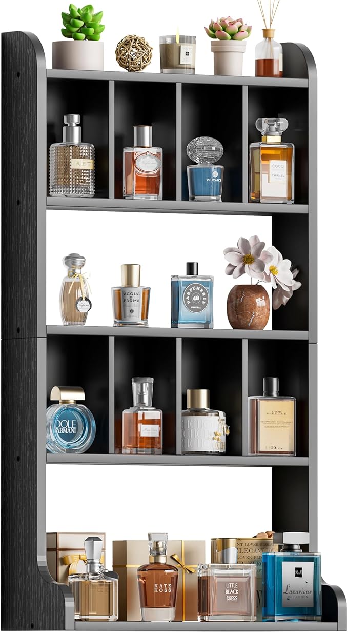 Keebofly Perfume Organizer Wall Mount & Large Cologne Display Case - Wooden Multi-Tier Trinket Shelf for Fragrances, Collectibles, Figures, Miniatures, Cosmetics and Shot Glasses,Black