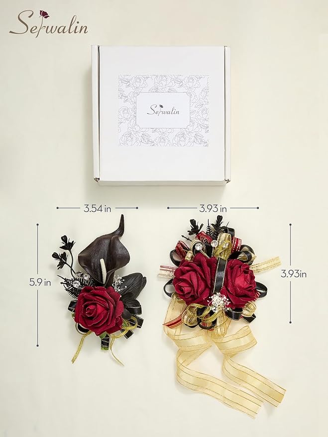 Serwalin Burgundy Prom Corsage and Boutonniere Set, Artificial Calla Lily Red Rose Wrist Corsage Wristlet for Homecoming, Formal Dance, Wedding Flowers Accessories Suit Decorations