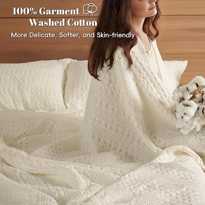 PHF 100% Cotton Waffle Blanket King Size for Bed, Lightweight Breathable and Soft for Summer, Luxury Aesthetic Waffle Weave Blanket for Home Decor & Gifts for Women, 108"x90", Cannoli Cream