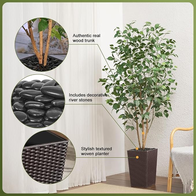 VeriNatural 6ft Artificial Ficus Tree,Tall Faux Tree with Silk Leaves & Real Wood Trunk,UV Resistant Potted Fake Plant with Pebbles & Planter-Indoor Outdoor Floor Plant for Home Living Room,VN129