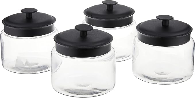 Anchor Hocking Montana Glass Jars with Fresh Sealed Lids, Black Metal, 48 oz (Set of 4) -