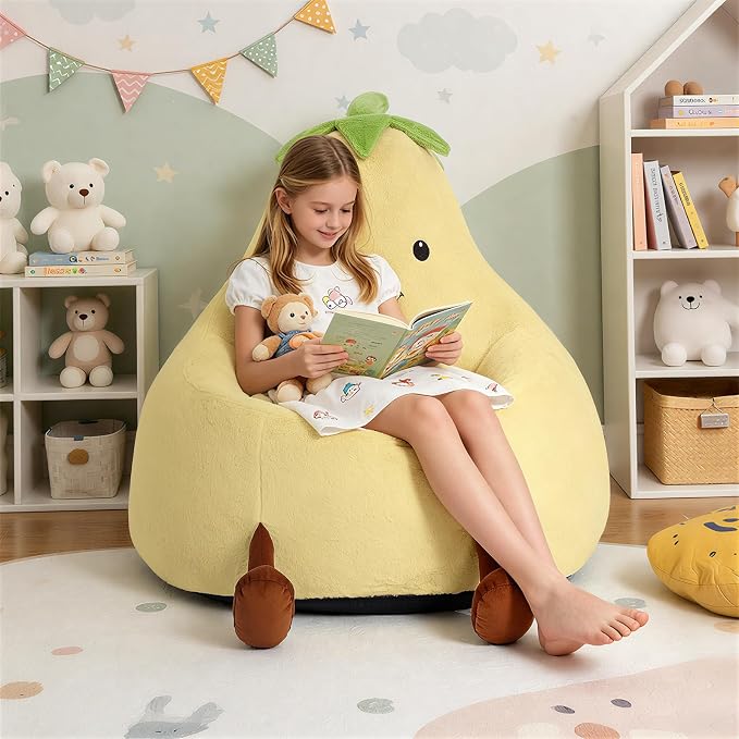 2FT Memory Foam Bean Bag Chair - Ultra Soft Faux Rabbit Fur Round Sofa with Handle & Machine Washable Cover, Comfy Lazy Chair for Kids Teens, Perfect for Reading Gaming in Living Room Bedroom，Yellow