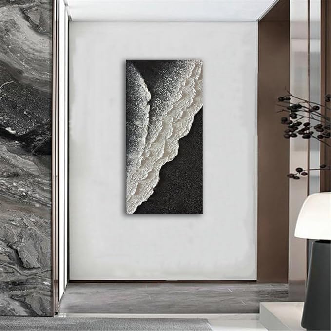 zoinart Hand Painted Black and White Textured Ocean Wave Wall Art 48x24 Inches Abstract Oil Paintings on Canvas Modern Beach Art for Living Room Bedroom Wall Decor