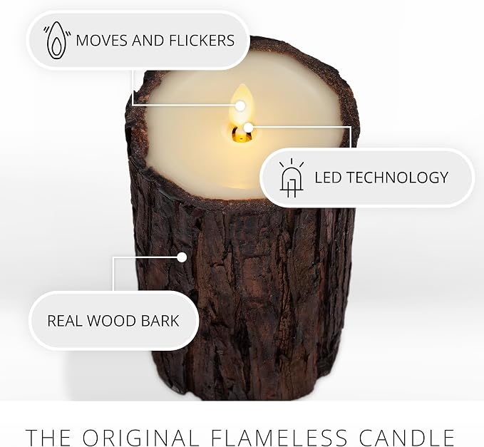 Luminara Real Bark Flameless LED Candle, Ivory 3.5" x 6.5", Moving Flame Battery Operated with Timer, Realistic Wax Pillar for Home Decor, Indoor Safe