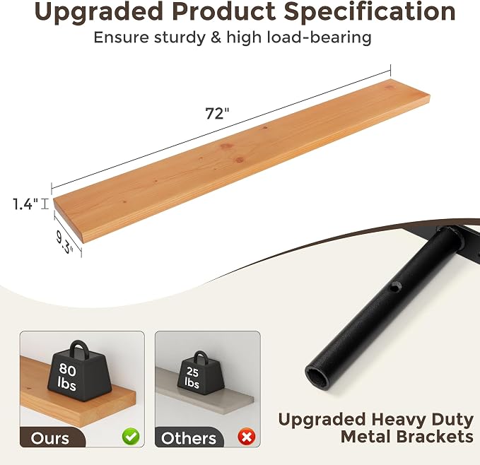 Axeman 72 Inch Floating Shelves for Wall, 9.3" Deep High End Solid Real Wood Wall Shelves with Heavy Duty Invisible Bracket for Living Room, Bedroom, Kitchen, Bathroom, Set of 1, Natural