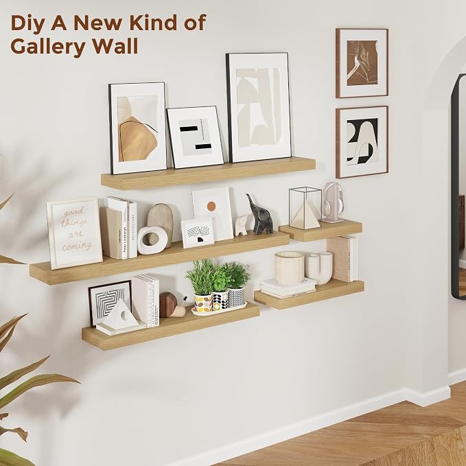 Heimlove 51 Inch Floating Shelves for Wall 8 Inch Deep Oak Shelves Set of 2,Wall Mounted Rustic Wood Long Floating Shelf，Large Display & Storage Shelf with Invisible Brackets