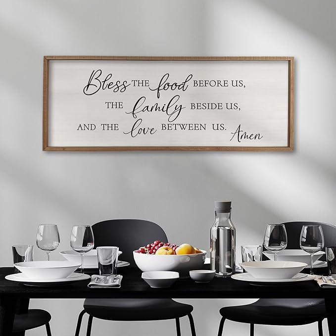 Surfapans Bless the Food Before Us Wall Decor, 32"X12" Farmhouse Dining Room Family Kitchen Sign, Christian Bible Verse Scripture Vintage Home Framed Wood Wall Art (Wood White)