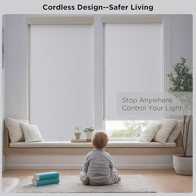 Joydeco 100% Blackout Roller Shades (Pro), Free-Stop Cordless Blinds for Windows, UV Protection, Natural Woven Blinds for Home and Office, Light-Proof Aluminum Cover (28" W x 75" H, Light Grey)