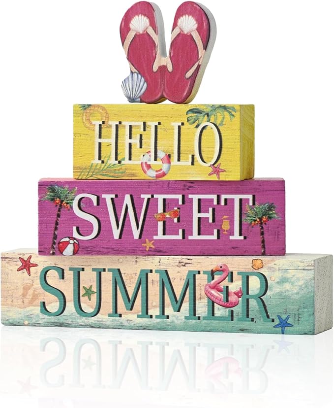 Smile 4 Pcs Summer Indoor Wooden Decor, Beach Flip Flop Hello Sweet Summer Tiered Tray Farmhouse Table Decoration for Home and Office