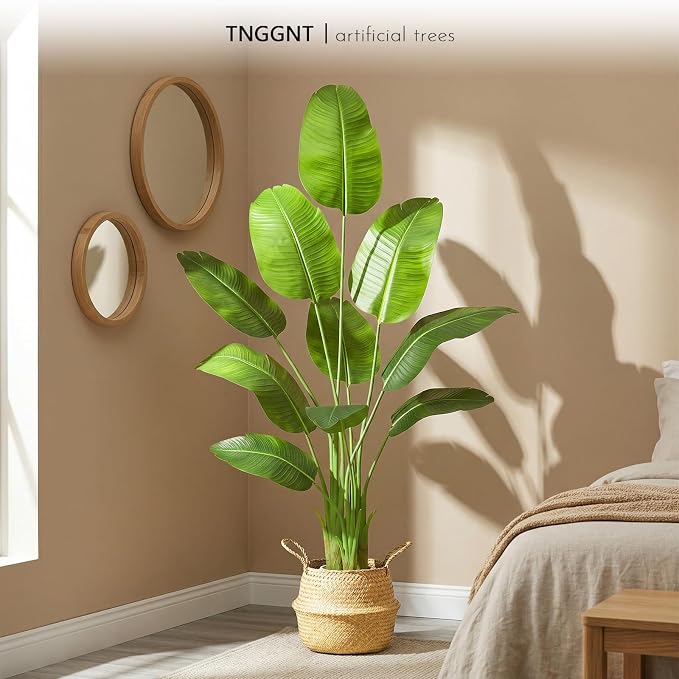 Artificial Bird of Paradise Plant: 6FT Faux Traveler's Palm Fake Banana Tree Elephant Ear Leaf Tall Silk Floor Plant in White Pot for Home Decor Indoor Office Entryway Balcony Patio Cafe Hotel