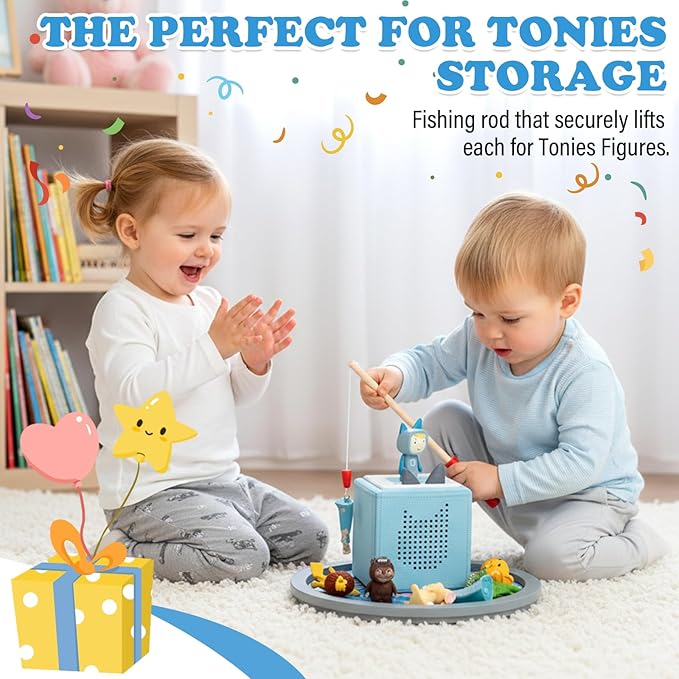 360° Round Turntable for Tonies Figures Storage, Fun Fishing Game with Magnetic Hook to “Catch” for Tonies Characters, Ocean Theme Wooden Organizer Storage Shelf Display for Toniebox 1/2