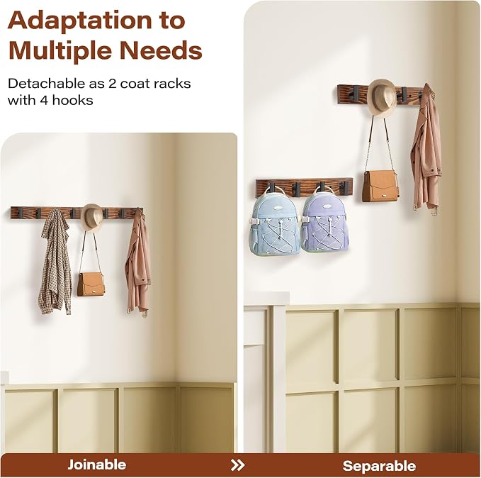 Coat Rack Wall Mount 2 Pack with 8 Pre-Installed Metal Hooks, Rustic Pine Solid Wood Coat Hanger Wall Mount for Entryway & Living Room, Coat Hooks for Hanging Jacket, Hat, Backpack (32.3")