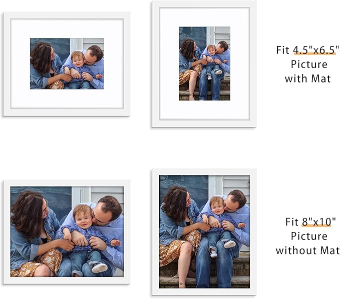 Picrit 8x10 Picture Frame Set of 12, Display 5x7 with Mat or 8x10 without Mat, Photo Frames for Wall Mounting or Table Top Display, White