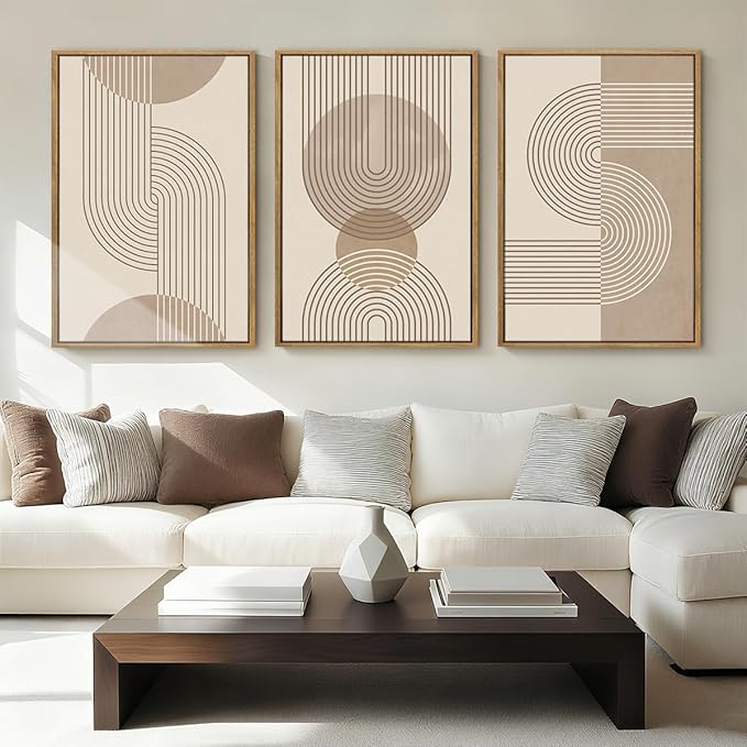 Anyzal Large Neutral Boho Beige Framed Wall Art 16x24 Inch Abstract Modern Canvas Wall Decor Minimalist Geometric Artwork for Living Room Bedroom Dining room Set of 3
