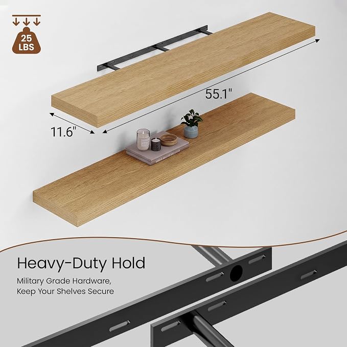 Heimlove 12 Inch Deep Floating Shelves for Wall, 55x12 Mounted Shelves for Bedroom Living Room Bathroom Kitchen Home Office, Set of 2, Oak