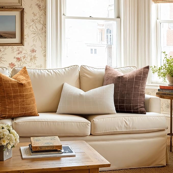 MIULEE Decorative Chenille Check Throw Pillow Covers Vintage Plaid Couch Pillows 20x20 Inch Set of 2 Neutral Boho Farmhouse Cushion Covers Modern Spring Home Decor for Sofa Bed Living Room Bronze