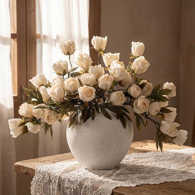 Thiccywoov 8 Pcs Beige Faux Peony Stems Flowers Bulk Vintage Artificial Silk Peonies Stems Real Look Fake Peonies Branches for Vase Filler DIY Bouquet Centerpieces Home Indoor Outdoor Decorations