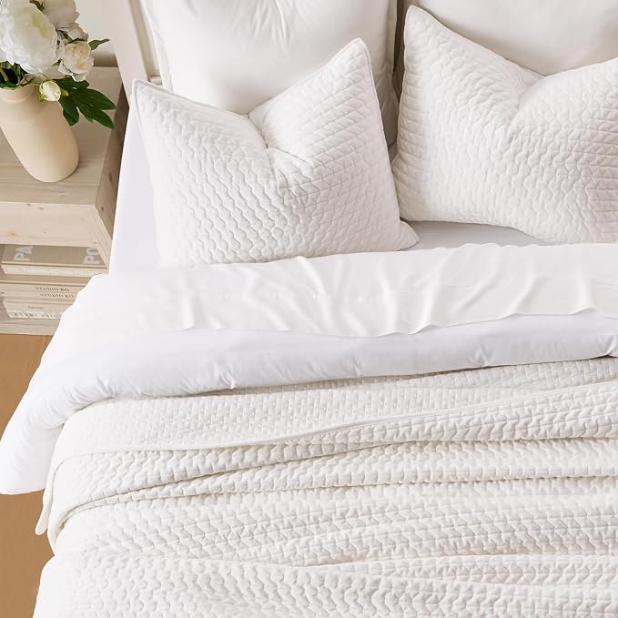 EverGrace Luxury Velvet Quilt Set Queen Size 3 Piece, Soft Cross-Stitch Velvet Comforter Set with Pillow Shams, Lightweight Coverlet Bedspread for All Seasons, Bright White