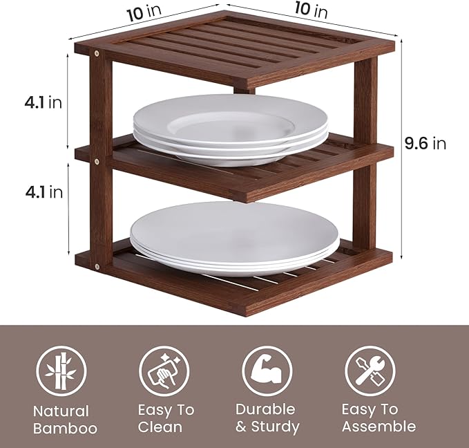 4 Pack Bamboo Corner Shelf,3 Tier Kitchen Cabinet Organizer for Plates and Dishes,Pantry Storage and Spice Rack（Brown）