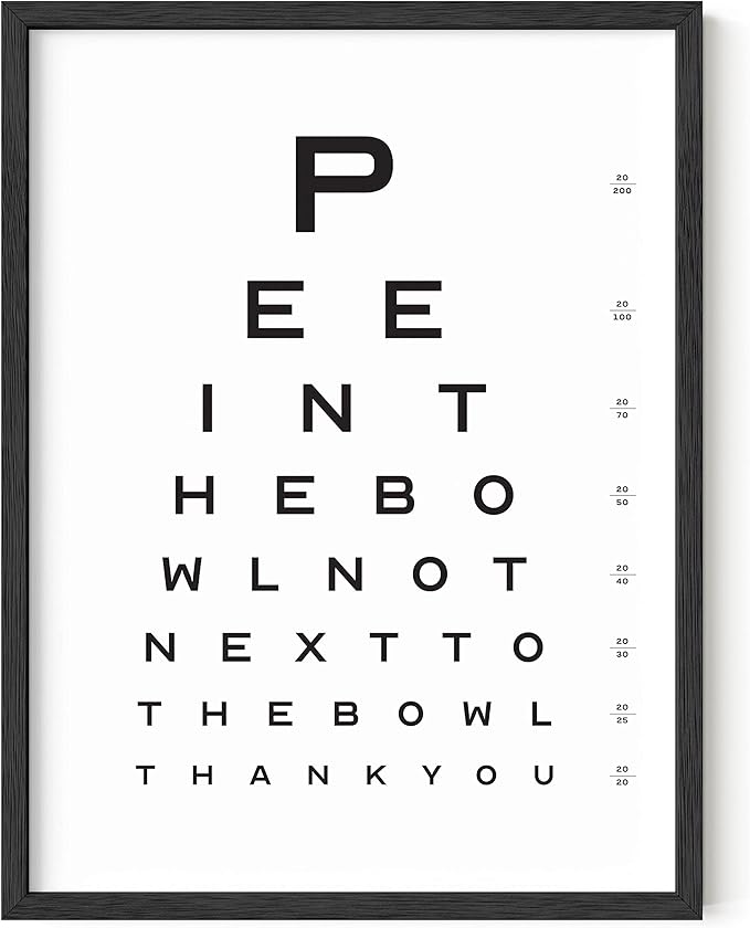 HAUS AND HUES Funny Bathroom Sign – Eye Exam Wall Art, Humorous Bathroom Print, Fun Wall Decor for Guest Bath, Restroom, or Home (12x16, Black Frame)
