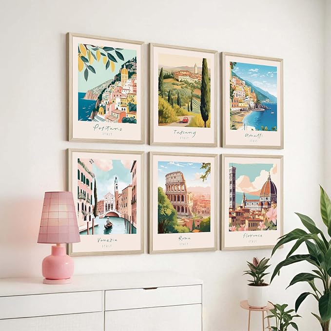 Italian Italy Wall Art Decor Amalfi Coast Travel Poster Italy City Canvas Wall Art Vintage Landscape Beach Painting Artwork Modern for Bedroom Living Room 12x16 Prints Wood Framed Set of 6