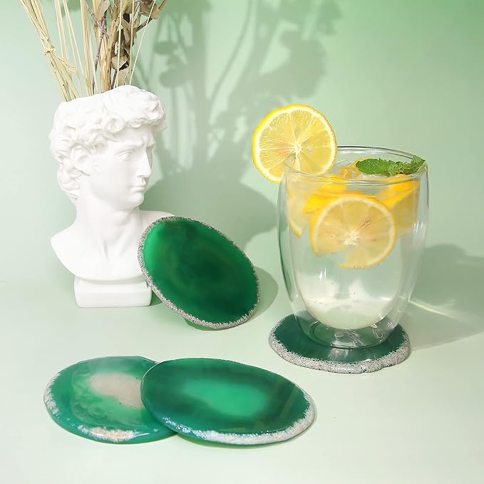 Natural Green Agate Coasters for Drinks Set of 4 | Natural Stone Drink Coasters, Decorative Table Coasters for Coffee Table, Bar or Desk, Housewarming Gift